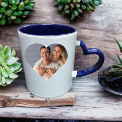 PERSONALIZED INNER DARK BLUE HEART HANDLE COLOUR MUG