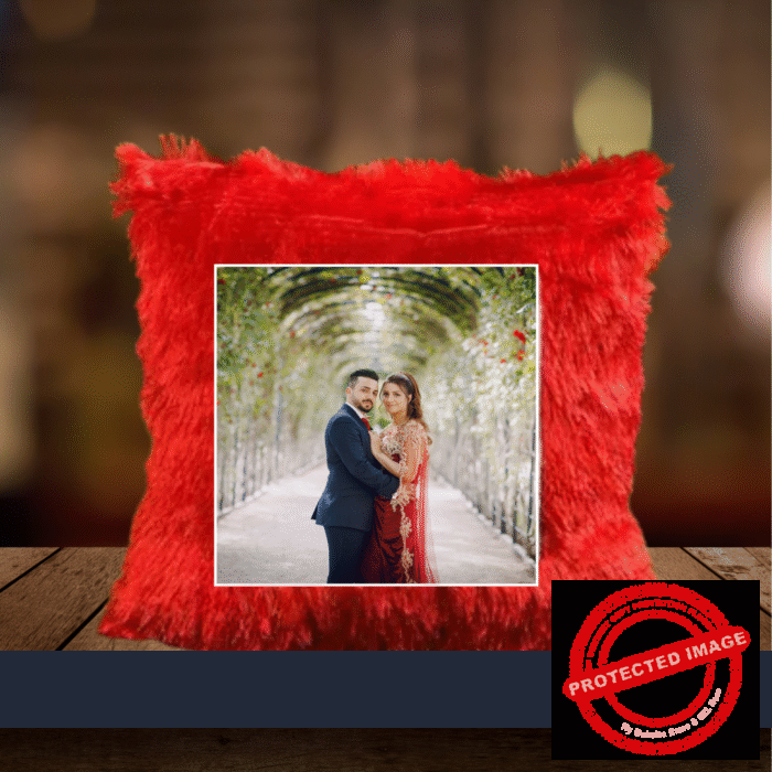 PERSONALIZED PHOTO FURR SQUARE RED CUSHION